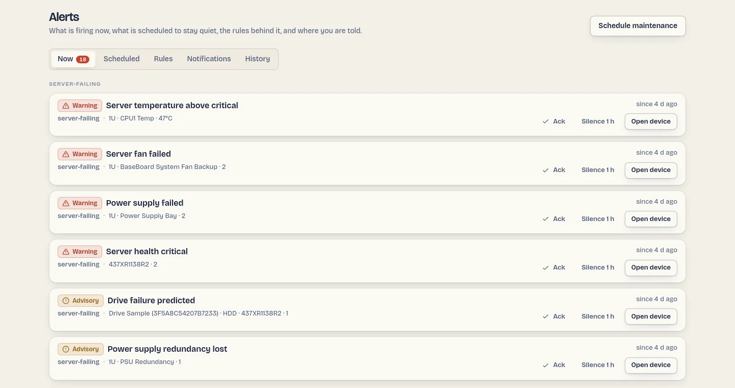 Alerts page: firing alerts grouped under their host, each with a Warning or Advisory plate, Ack, Silence 1 h and Open device