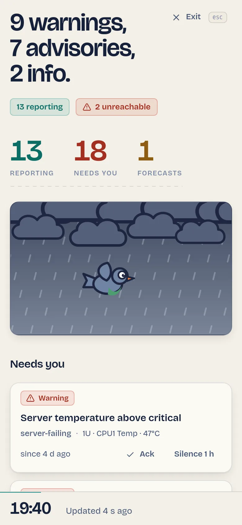 The bulletin on a phone: the sentence, readouts, the weather window with the pigeon, and the first alert that needs you